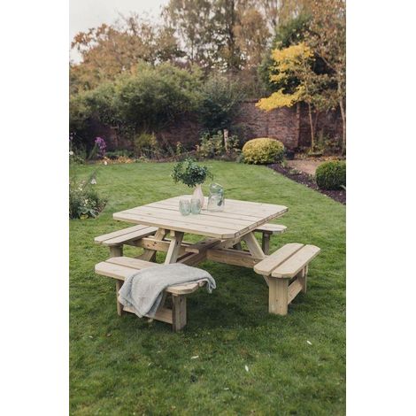 Square Picnic Table Sits 8, Wooden Garden Furniture - L200 x W200 x H73 cm - Minimal Assembly Required (1/5)