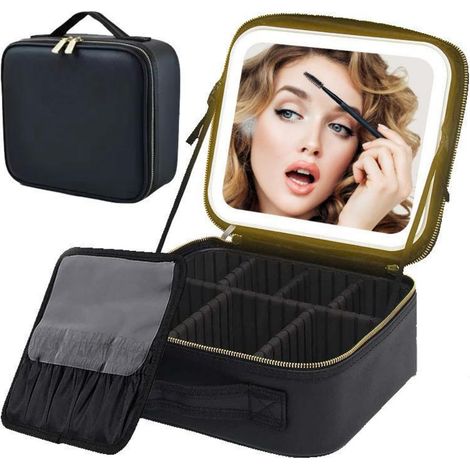 Organisateur de maquillage portable avec lumière LED et miroir + design multi-compartiments - Noir