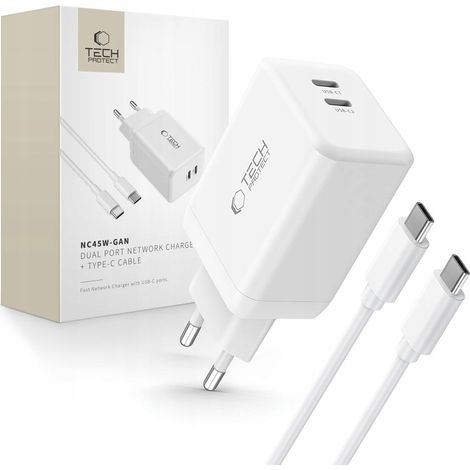 Chargeur réseau 2 ports Tech-protect NC45W-GAN PD45W + câble USB-C blanc (1/5)