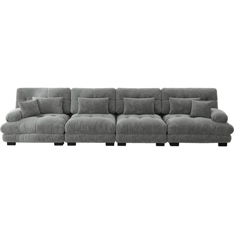 Divano dritto, divano da 4 posti con 6 cuscini, seduta profonda, in tessuto felpa (chenille), grigio (1/5)