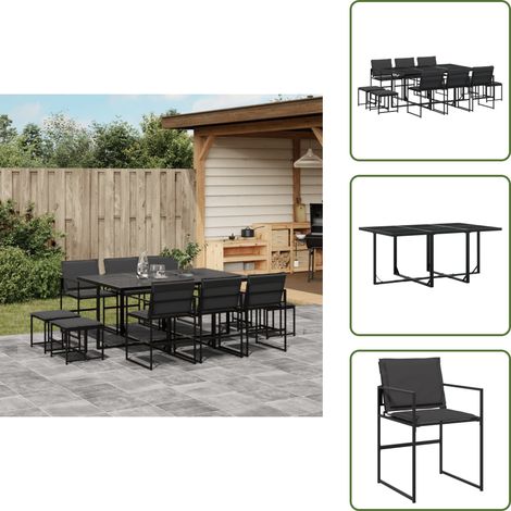 The Living Store 11-tlg. Garten-Essgruppe mit Kissen Schwarz Textilene - Gartentisch - Gartenmöbelset - Esstisch - Gartenstühle - Gartenhocker