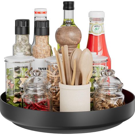 Lazy Susan Organiseur à épices rotatif à 360 °, plateau en métal, organisateur 32 cm, pour garde-manger, cuisine, meuble de salle de bain, réfrigérateur, table, noir (1/5)
