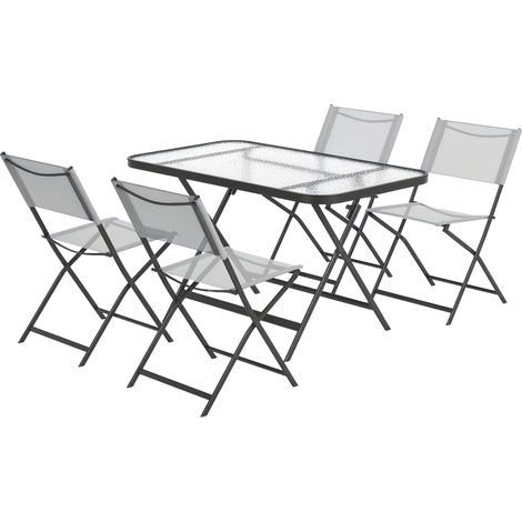 Ensemble de jardin 4 chaises + 1 table salon de jardin 5 pièces pilables chaises textilènes plateau en verre trempé gris (1/5)