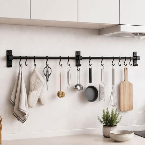 Support Ustensiles Cuisine 80 cm, Support Mural de Cuisine en Aluminium avec 12 Crochets Mobiles pour Ustensiles de Cuisine, Capacité 15 kg, Installation avec ou sans Perçage, Noir (1/5)