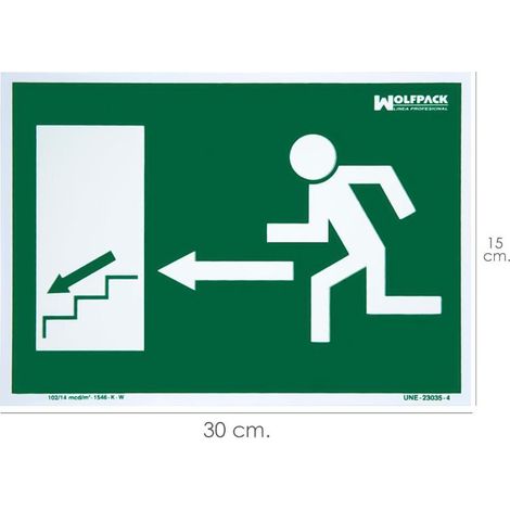 Cartel Fluorescente Salida Escalera Izquierda Abajo 21x30 cm. (1/2)