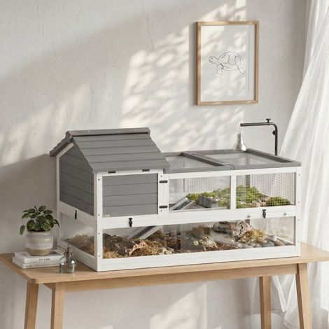 Recinto per tartarughe in legno grigio con tetto apribile e supporto lampada DESVIAE (1/5)