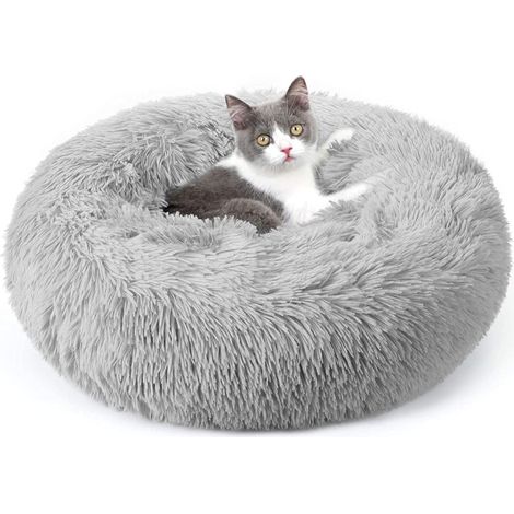 Katzen- und Hundebett für den Innenbereich, hellgrau, 40 cm Außendurchmesser, maschinenwaschbar, weiches Plüsch, rund, flauschiges Bett, 1 Stück (1/5)