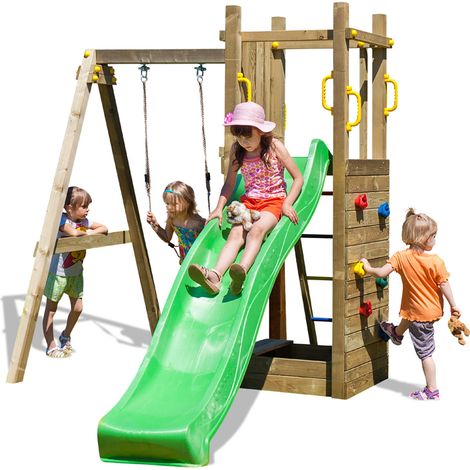 Funny 3 Rumble Ridge Rock Wall with Single Swing & Green Slide - Outdoor Play Set - Pressure Treated Wood - L370.3 x W303 x H272.3 cm