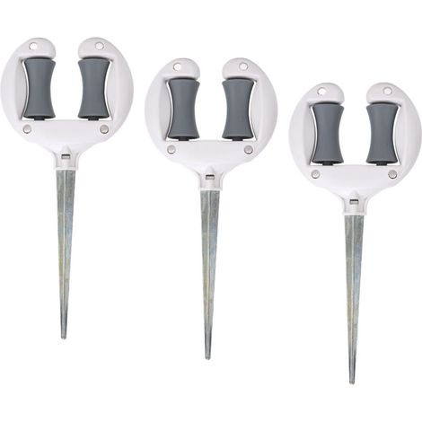 Guía para manguera de jardín con rodillo para clavos, posicionamiento flexible, punta afilada y soporte integrado para estaca de césped.