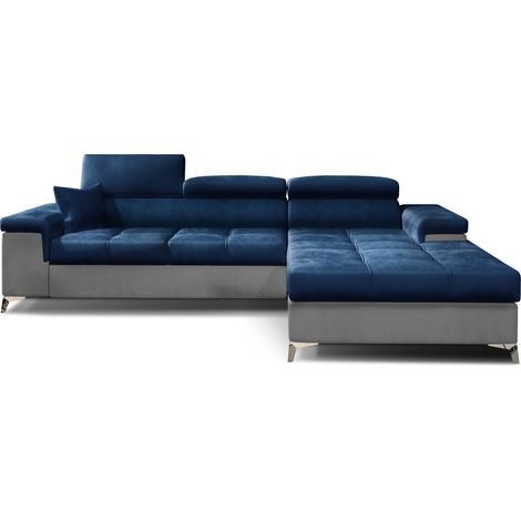 Canapé angle droit convertible velours bleu marine et gris clair avec appuis-tête réglables Rikaro 280cm (1/5)