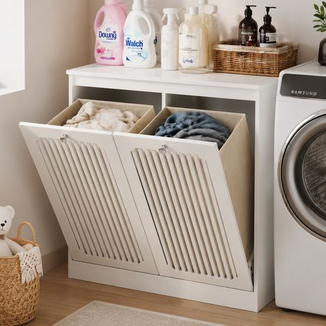 Armoire à linge à façade lamellée et couvercle rabattable, armoire à linge domestique avec deux compartiments en tissu, armoire autoportante pour balcon et salle de bain, blanc. (1/5)