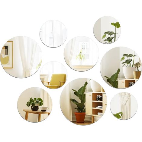 Miroir Auto-Adhésif - Miroir Acrylique Ronde - Pour Décoration Murale Salle de Bain Cuisine Bureau - 9 Pièces - Diamètres 10 15 18 20 cm (1/5)