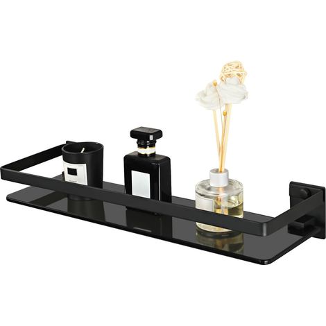 Étagère de Douche Etagere Murale Salle de Bain, Tablette en Verre Trempé et Cadre en Acier Inoxydable, Rangement Douche Finition Noire, 38CM (1/5)