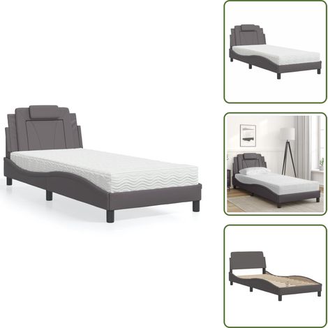 The Living Store Lit avec matelas gris 90x200 cm similicuir - Lit Double - Lit Avec Matelas - Lit Design - Lit Moderne - Lit Confortable (1/5)