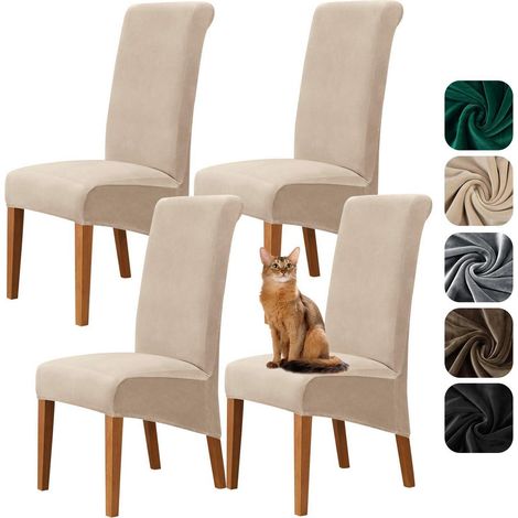 Samt Stuhlhussen XL 4er Set für Hochlehner, waschbar, beige (1/5)