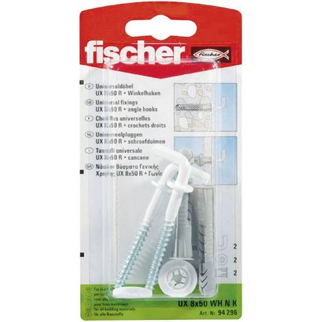 Fischer 2x tasselli universali UX 8x50 RH con gancio ad angolo, rivestiti in nylon - 94296