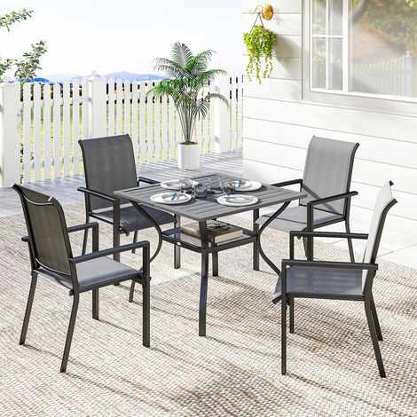 5-teiliges Gartenmöbelset aus Stahl mit 4 stapelbaren Stühlen und Tisch mit Mittelloch und Ablagefläche unten, Grau