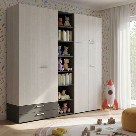 L.225 H.225,8 - Armadio con libreria incorporata e cassetti - Design moderno e funzionale - Rovere rock