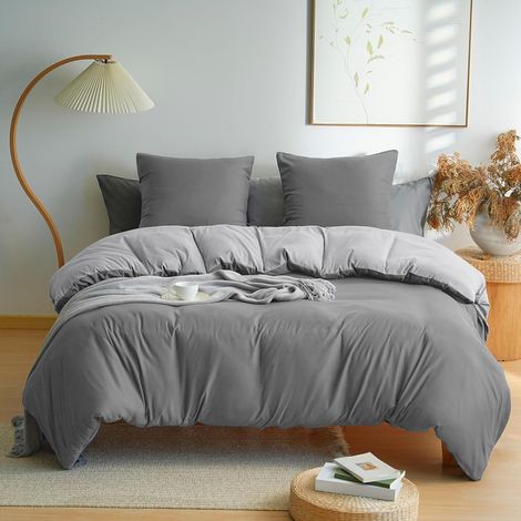 Parure de Lit Réversible avec Fermeture éclair Microfibre 220x240 cm Gris Foncé + Gris et 2 Taies d'oreiller 65x65 cm Housse de Couette Adulte (1/5)