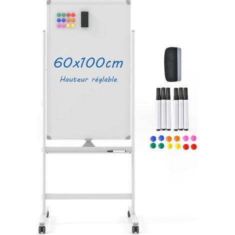 Costway – Tableau blanc magnétique double face pivotant 60x100cm – Hauteur réglable 155,5-183,5cm – 4 roulettes pour mobilité – Panneau laqué antirouille