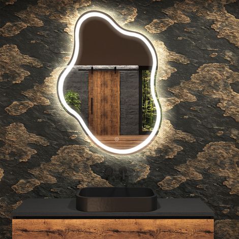 Miroir de salle de bain LED - Miroir 84x104cm asymétrique - Fonction anti‑buée - Bland Froid - (EMKE222) (1/5)