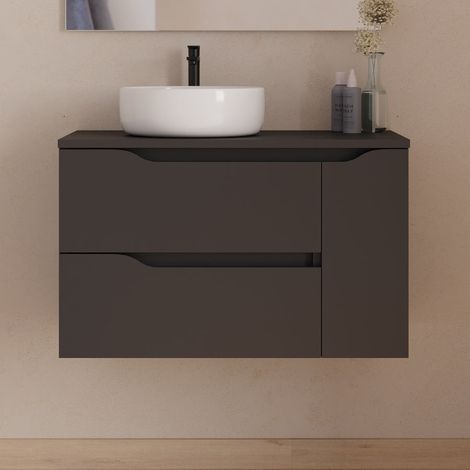 Meuble de salle de bain 80cm avec plateau et vasque à poser déportée à gauche Ares - sans miroir - 2 tiroirs et un placard - noir - ZARZA
