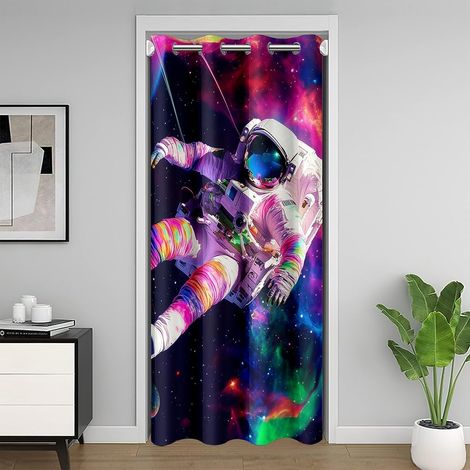 Astronaute Rideau de Porte pour L'Intimité de Porte,Aquarelle Astronaute Rideau Occultant,Graffiti Galaxie Rideau Porte Entrée,Coloré Espace Extérieur Rideaux de Séparation de Chambre 86x203 - 86x203c (1/5)