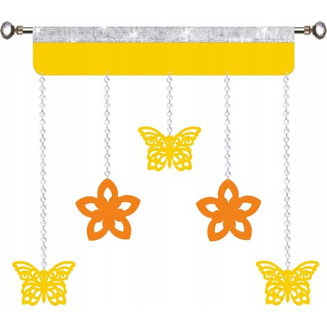 Tenda decorativa, ghirlanda di fiori primaverili, farfalle e pon-pon gialli, glamour, 90 cm