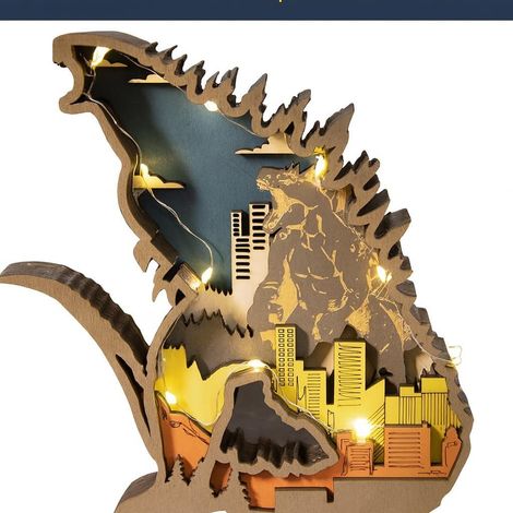 Veilleuse Godzilla en bois gravée au laser en 3D, figurine de monstre en bois, objet d'artisanat en bois pour la décoration de la maison et du bureau. (1/5)