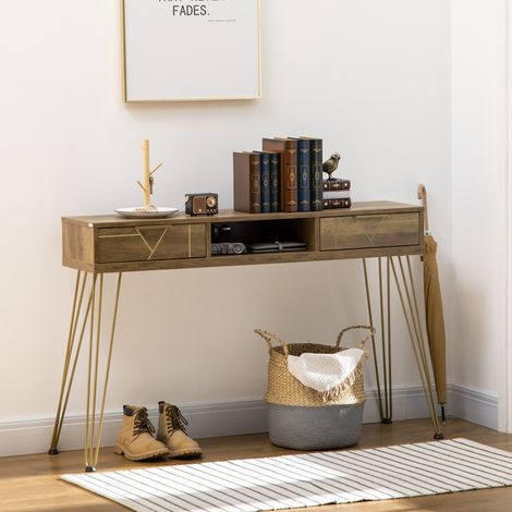 Consola Mueble Recibidor de Entrada con 2 Cajones Estante Abierto y Patas de Acero 120x29x79 cm Madera y Bronce (1/5)