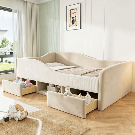 Lit 90x190 cm - Lit enfant banquette 90x190 - 2 tiroirs de rangement barrière anti-chute tissu velours - Beige (1/5)
