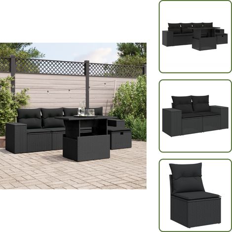 The Living Store Salon de jardin 6 pcs avec coussins noir résine tressée - Ensemble Salon De Jardin - Mobilier De Jardin - Table Extensible - Chaise Lounge - Set De Jardin (1/5)