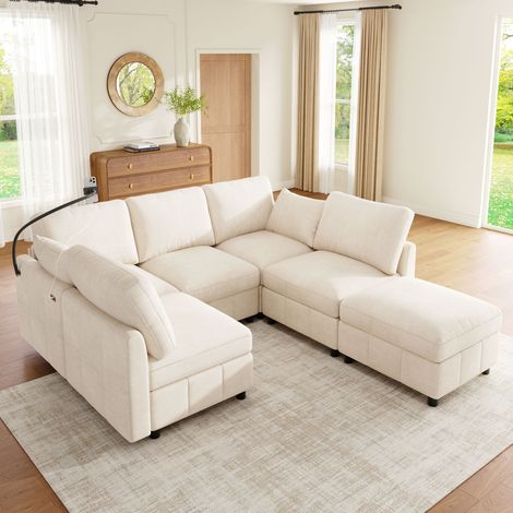 Canapé Convertible Modulable d’Angle 6 Places 218x157x85 cm, Chenille, Pouf Mobile, USB/Type-C 24 W et Support Téléphone 360° - Beige (1/5)