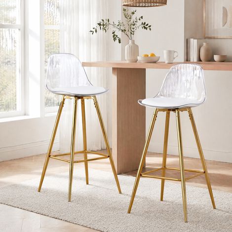 DESMIU Lot de 2 Tabourets de bar avec Dossier et Repose-pieds en Métal et Plastique Doré Transparent (1/5)