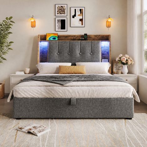 Cama individual 90x200 cm de MDF y lino gris con almacenaje -FLORAGRACE (1/5)
