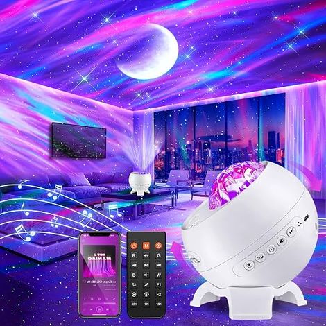 Star Sky Projector for LED Bedroom Children's Night Light with 15 Colours 5 Moon Modes Bluetooth Bedroom Decoration with 15 White Noises and Remote Control White (1/5)