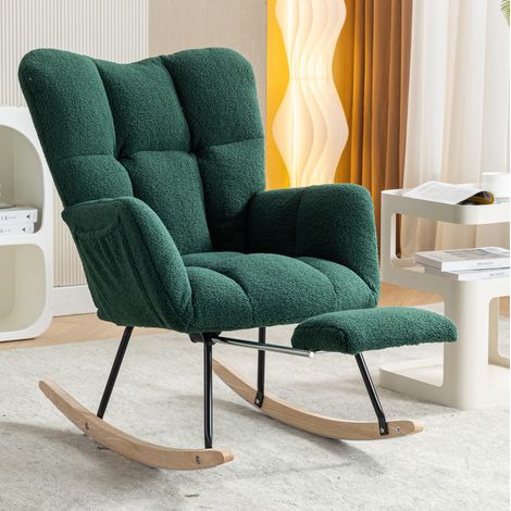 Silla mecedora moderna verde de tejido teddy, con reposapiés retráctil, 80 x 98 x 98,5 cm (1/5)