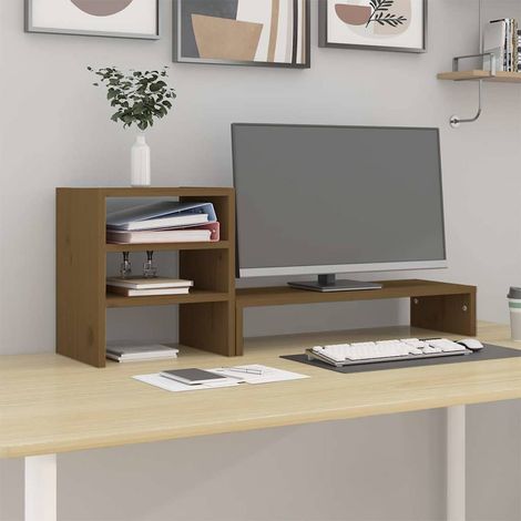 Support de moniteur avec rangement en bois de pin massif marron miel 81 x 20 x 30 cm - PANGIVO (1/5)