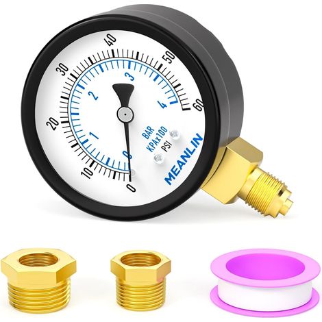 04BAR/060PSI Pressure Gauge for 2"DIAL FACE 1/8" BSP Well Pump, with 1/4" BSP and 3/8" BSP Hex Bushing, Bottom Mount Water, Oil and Air Pressure Test Center (1/5)
