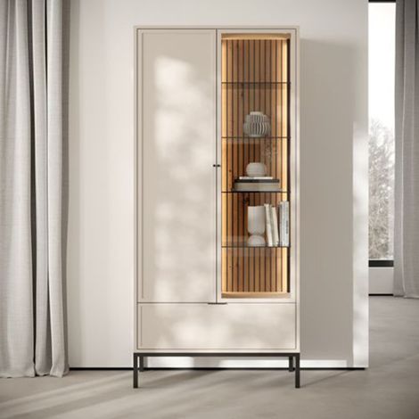 Vitrina Lolera, Mueble Expositor 7 Estantes, un Cajón, 2 Puertas, 76x40x184h cm Beige (1/3)