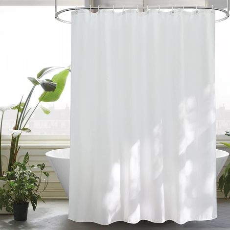 Rideau de douche 180 x 160 cm, en tissu textile, blanc, anti-moisissure, imperméable, pour salle de bain, lavable, séchage rapide, en polyester, avec 12 anneaux (1/5)