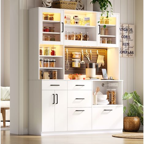 MEUBLIV Buffet de cuisine 145 x 40 x 185 cm blanc – LED et prises intégrées (1/5)