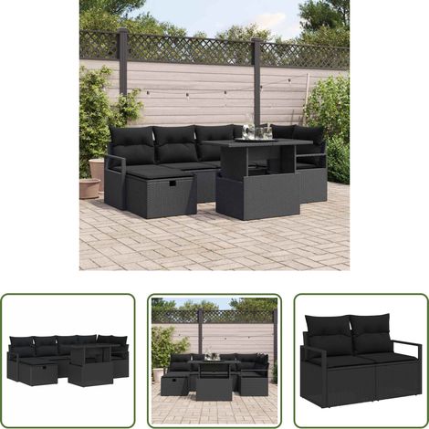 vidaXL Freiluftmöbel - Garten-Sofa-Set mit Kissen 7 pcs Schwarz Poly Rattan (1/5)