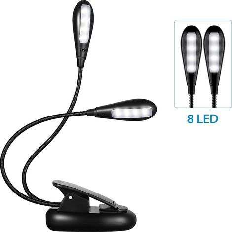 Lampe de lecture - 4 LED. 2 têtes - Rechargeable par USB - Lampe à pince portable