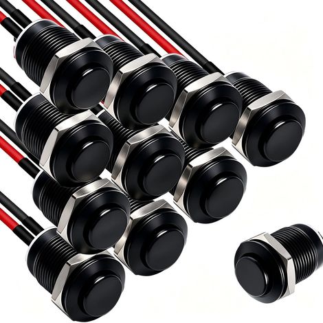 Lot de 10 boutons poussoirs étanches 12 mm en métal - Acier inoxydable - 12 V - Pour klaxon, sonnette, voiture - Mini bouton poussoir rond (tête haute) - Noir (1/5)