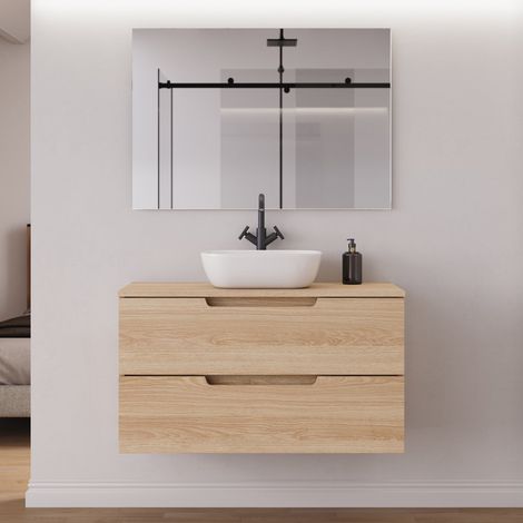 Meuble de salle de bain 100cm avec plateau et vasque à poser arrondie - 2 tiroirs - roble era (chêne clair) - SONRIZA (1/5)