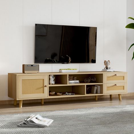 Meuble TV 160cm en rotin pour 70" tv en bois - 2 tiroirs et 1 porte - Pieds réglables - Gestion des Câbles - Naturel (1/5)