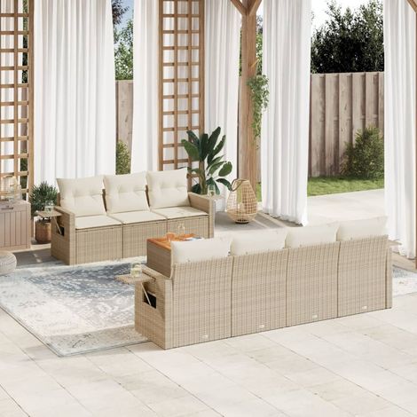 Ensemble Salon Jardin 8 Places Résine Tressée Beige avec Coussins, Tables d'Appoint et Espaces Rangement (1/3)