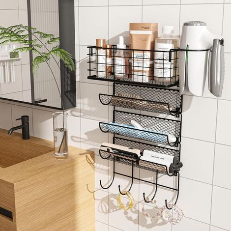 OEM – Wandmontierter Haartrocknerhalter mit 4 Ablagen – Hitzebeständiger Metalldraht – Selbstklebende oder Schraubmontage – Für Bad und Küche