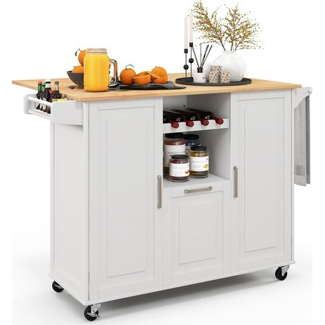 COSTWAY Carrello da Cucina, Isola Cucina con Piano Ribaltabile e 4 Ruote Girevoli, con Cassetto Profondo Portabottiglie Aperto e Porta Asciugamani, 130x74x90 cm (Bianco) (1/5)
